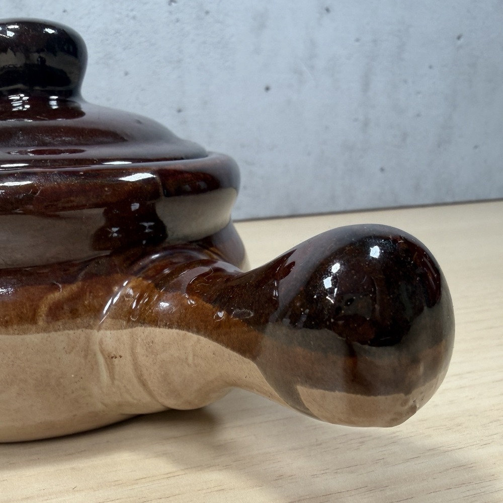 Vintage French Onion Soup Crock Handled Bowls with Lid Brown Glazed (1) - Picture 4 of 13